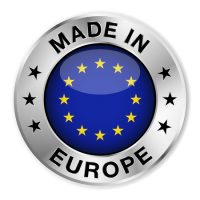 26010434 - made in europe silver badge and icon with central glossy european flag symbol and stars